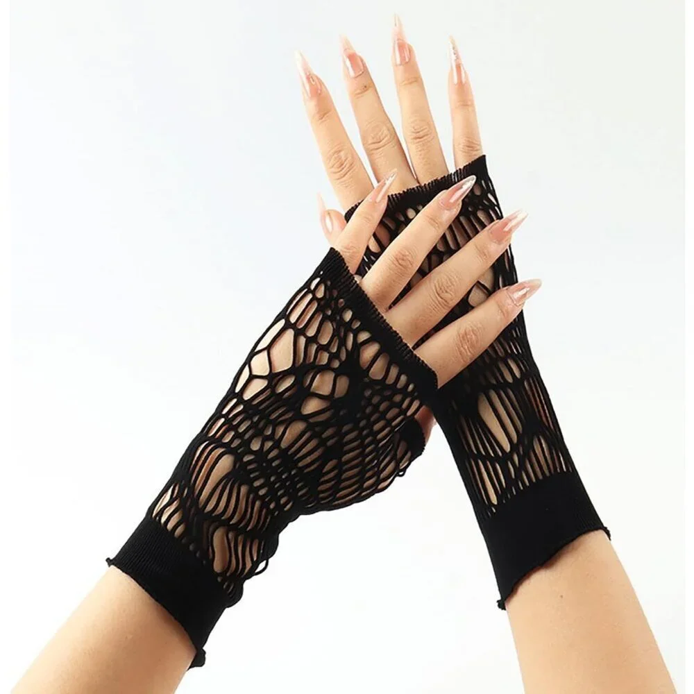 Women's Fishing Halloween Black 12 Net Gloves Fingerless Gothic Accessories